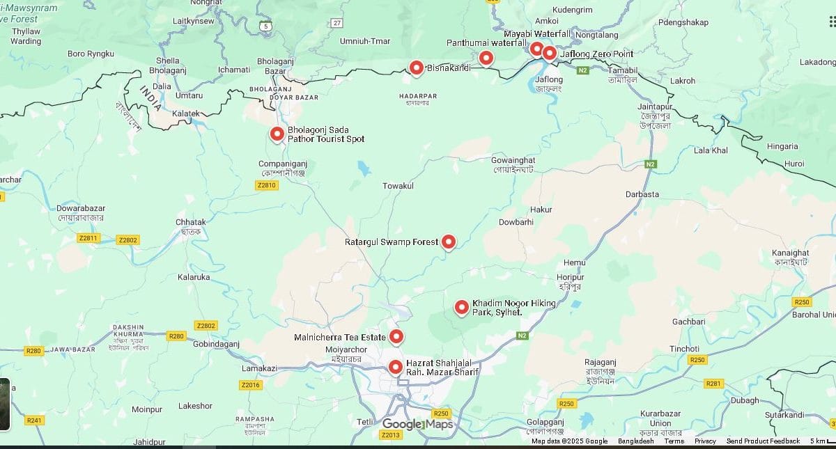 Tourist spots map sylhet, travel maps of sylhet, sylhet tourist spots map